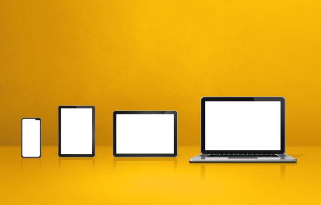室内黄色办公桌上的笔记本电脑 手机和数字平板电脑3d插图电话3d网络