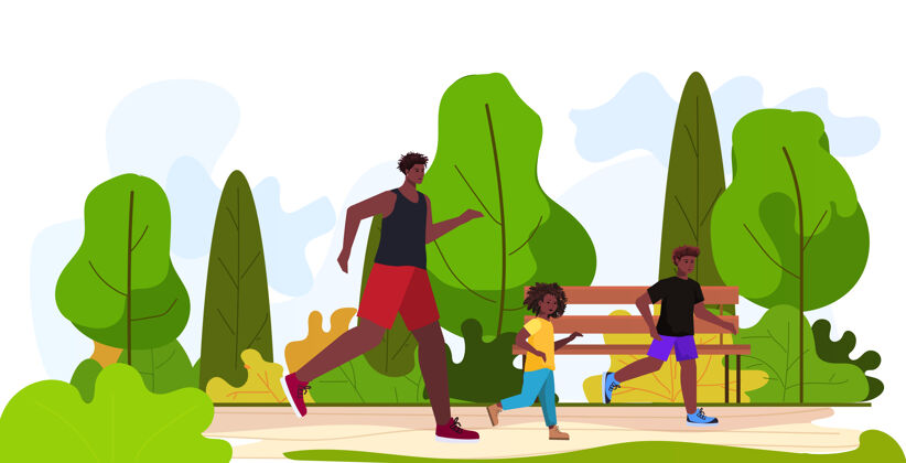 非洲裔美国人爸爸带着小孩跑步育儿理念爸爸和孩子们一起在城市公园里玩快乐假日儿子