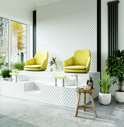 沙龙现代化的美容院内部 白色瓷砖墙壁和地板 黄色的美甲椅渲染瓷砖三维