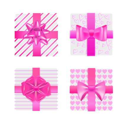 礼物设置粉红色包装礼盒与蝴蝶结情人节庆祝概念日子购物销售