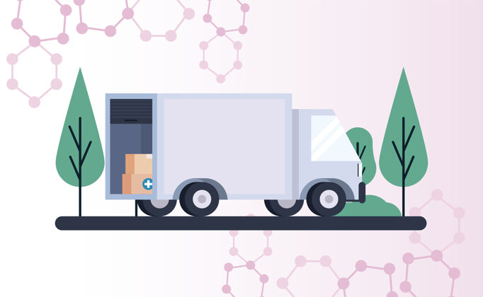 卡车疫苗配送物流主题与卡车包装箱插图发送运输箱子