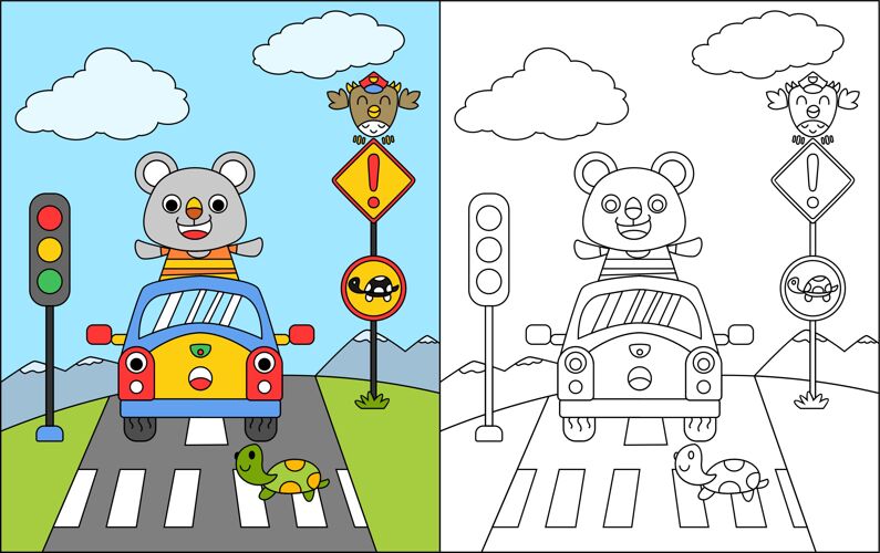 轮廓彩色书或彩色页卡通熊和汽车停在斑马线颜色汽车交通