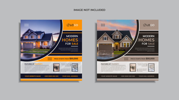 现代销售待售房地产社交媒体海报设计2合1包装 带多种颜色抽象形状和信息房屋出售企业商业