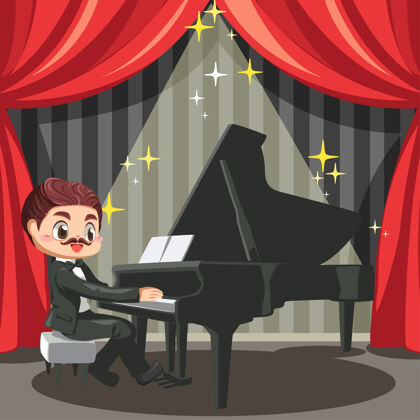 观众一个留着胡子的钢琴家坐在大舞台上弹钢琴表演舞台艺术家