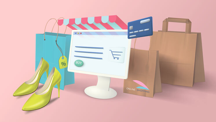 技术在家里网上购物computer.banner与现实的购物项目 纸袋 牛仔鞋 显示器互联网现代应用程序