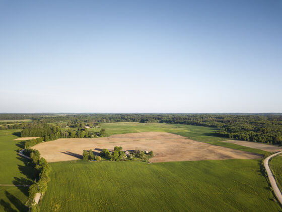 鸟瞰晴朗的春日 湛蓝的天空 绿油油的草地 绿树成荫复制空间田野白天