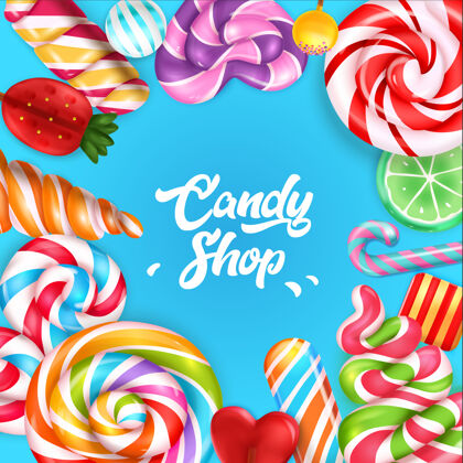 糖果糖果店的蓝色背景由五颜六色的糖果和棒棒糖构成螺旋棒棒糖五彩