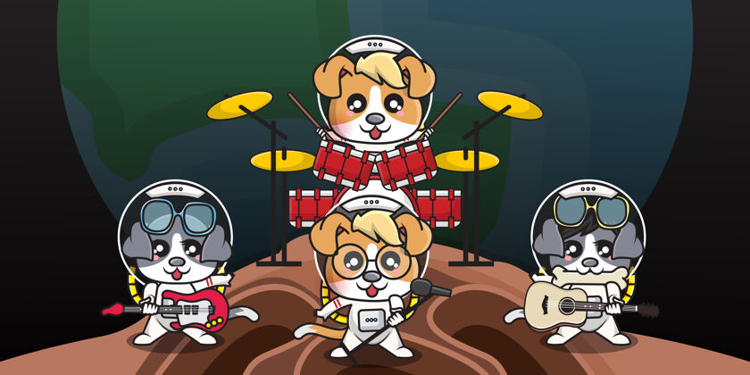 音乐家可爱的卡通人物狗宇航员正在乐队里演奏音乐吉他手乐队演奏音乐