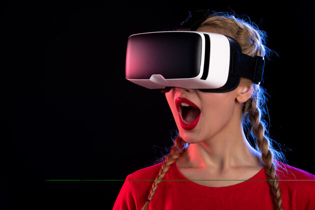 姿势在虚拟现实上玩人像年轻女性的黑暗视觉超声波游戏d太阳镜头发护目镜