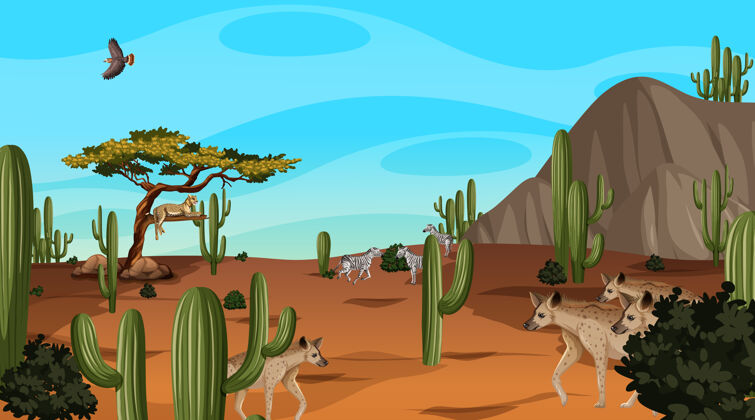 炎热沙漠森林景观在白天与野生动物场景鬣狗动物野生