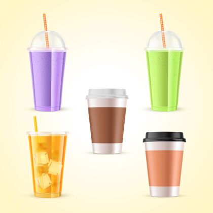 玻璃杯收集各种美味的饮料冰沙收藏咖啡