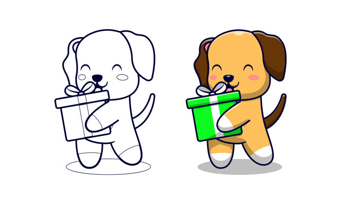 涂鸦可爱的小狗抱着礼品盒卡通彩页给孩子们吉祥物动物可爱