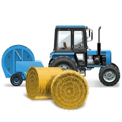 农业机械干草打捆机概念隔离在白色车轮附件稻草