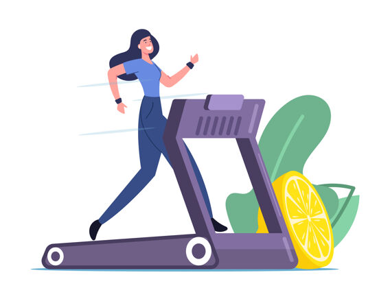 跑步机快乐的女人在跑步机上跑步 旁边有柠檬运动的女孩在跑步机上锻炼苗条体重柠檬有氧运动