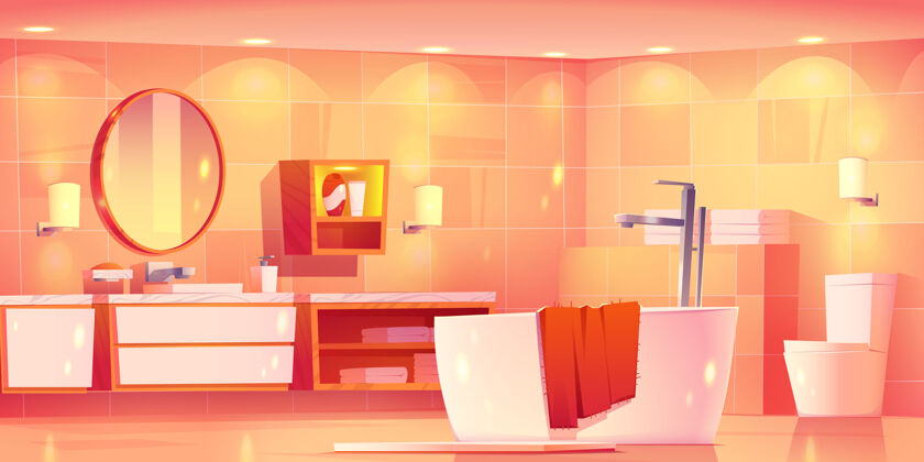 真实的插图房间内部的写实插图浴室房间装饰浴缸