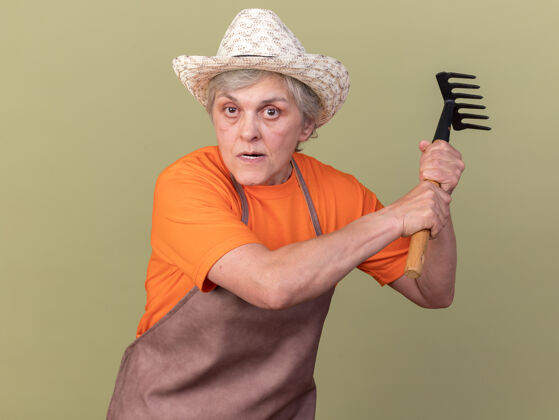 老人愤怒的上了年纪的女园丁戴着园艺帽拿着耙子愤怒女帽子