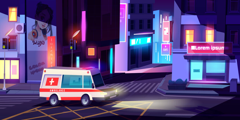 汽车救护车在夜市医疗车与信号骑在空旷的大都市街道与建筑物发光霓虹灯招牌城镇灯光服务