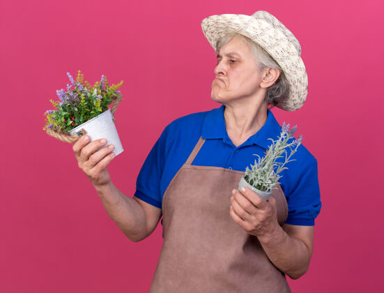 印象印象深刻的上了年纪的女园丁戴着园艺帽拿着花盆看穿园艺女
