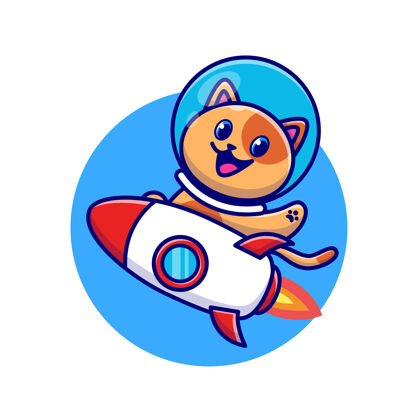 银河可爱的猫宇航员骑着火箭卡通人物动物技术孤立太空人动物宇航员