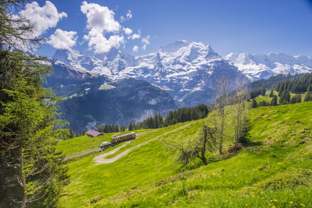 旅游火车穿过瑞士阿尔卑斯山的美丽景色欧洲美丽铁路轨道