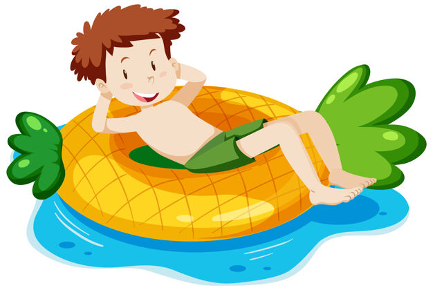年轻一个男孩躺在水里的菠萝游泳圈上度假充气卡通