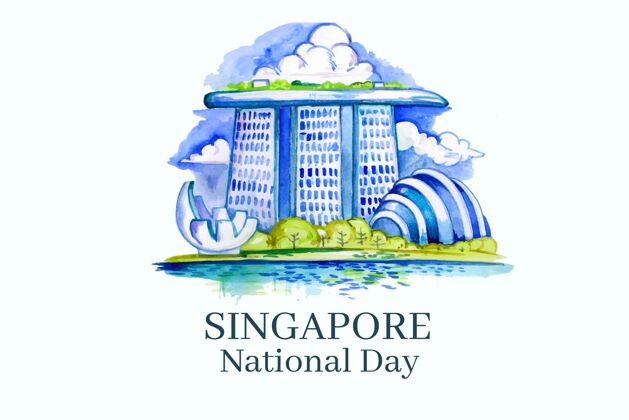 爱国手绘水彩新加坡国庆插画水彩画自由纪念