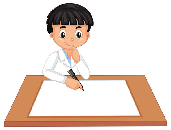 人物一个男孩穿着科学家的长袍 桌子上放着一张空纸制服学习家具