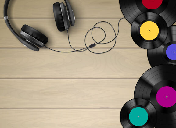 音乐复古乙烯基唱片和耳机在普通木地板上逼真的顶视图背景耳机现实平面