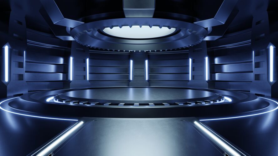 室内空旷的浅蓝色房间未来科幻大堂房间用浅蓝色 未来为设计 3d渲染实验室讲台数字