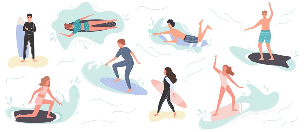 散步收集可爱的冲浪者在泳装冲浪冲浪者与冲浪板在夏季海滩和海浪剪影澳大利亚乐趣