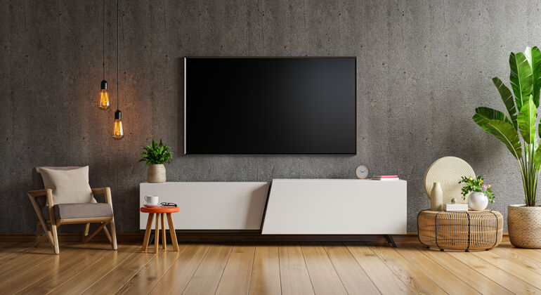 地板柜子一个电视墙安装在一个水泥房与木墙三维渲染客厅橱柜墙