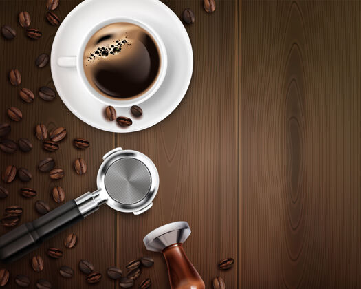 木头现实的背景与咖啡师设备和咖啡杯上的木桌杯子桌子咖啡