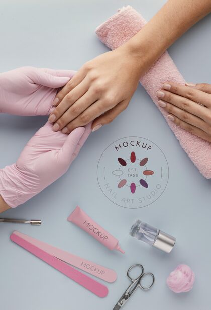 专业各种各样的指甲护理产品与模型平面布置顶视图美容