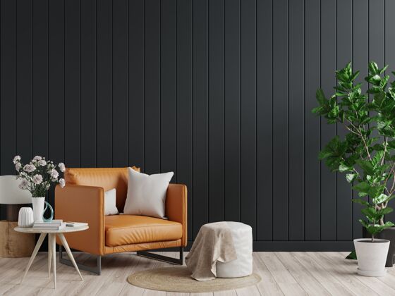 客厅客厅内墙采用深色色调 黑色木质墙上配有真皮扶手椅3d效果图沙发木头波西米亚