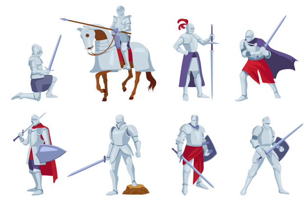 马背一组不同角度武器的装甲骑士 摆姿势卡通军队历史