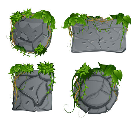 花园灰石装饰花园元素 热带雨林藤本植物叶子卡通标志集布景元素热带
