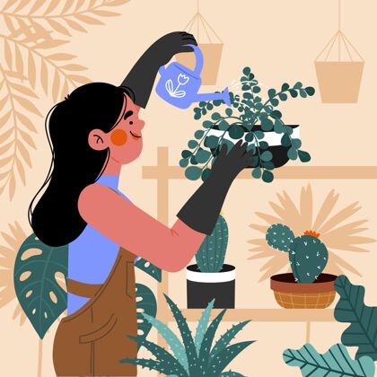 社会手绘的照顾植物的女人人放松手绘