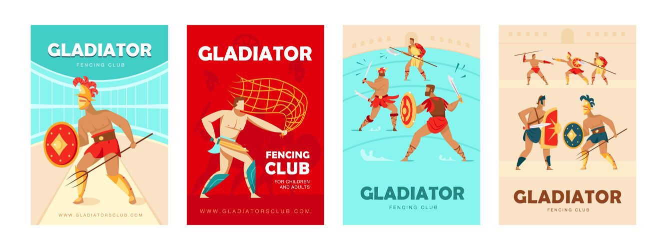 人时尚的海报设计与竞技场角斗士生动的宣传册与古代武士的剑和盾牌击剑俱乐部 爱好的概念体育样品俱乐部