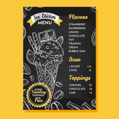 美味手工雕刻冰激凌黑板菜单模板甜点餐厅菜单准备打印