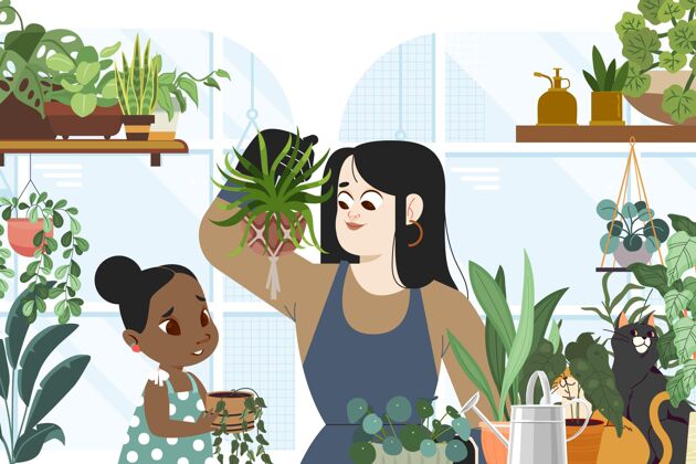 放松卡通女人和小孩照顾植物蔬菜人自然
