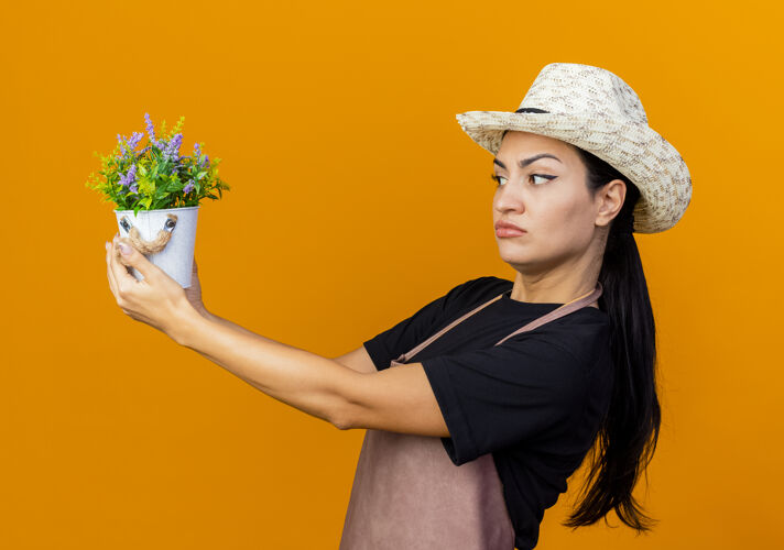 衣服年轻漂亮的女园丁 围着围裙 戴着帽子 手里拿着盆栽植物 站在橙色的墙上 带着怀疑的表情看着它人漂亮市民