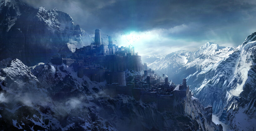 古老雪山之间的城堡 三维渲染天空神秘高