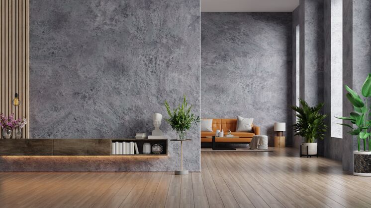 房子客厅内有真皮沙发和木桌 配有植物 混凝土墙 用于电视3d渲染公寓客厅沙发