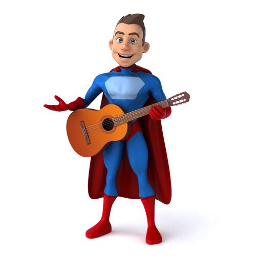 斗篷一个有趣的超级英雄有趣的三维插图男人超级英雄吉他