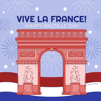 纪念手绘巴士底日插图法国国庆巴士底狱日快乐庆祝