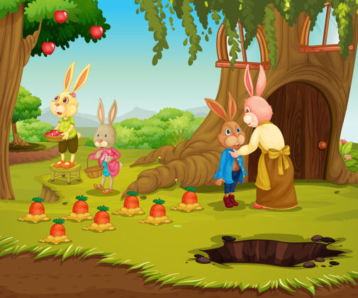 花园花园里的兔子家庭卡通人物自然外面年轻