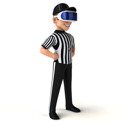 法官有趣的三维插图裁判与虚拟现实头盔耳机设备球员