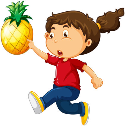 姿势快乐女孩卡通人物拿着一个菠萝小食物学校