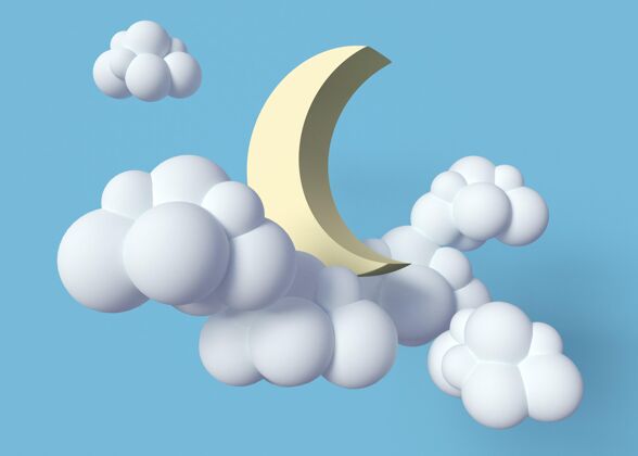 蓝色背景白云和月亮的安排3d模型天气3d