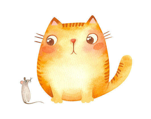 水彩胖乎乎的姜猫懒洋洋地看着老鼠动物家养吉祥物